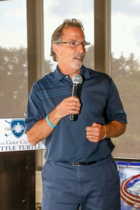 CBJ Coach Torts speaking to group at Play Fore Paws Golf Outing