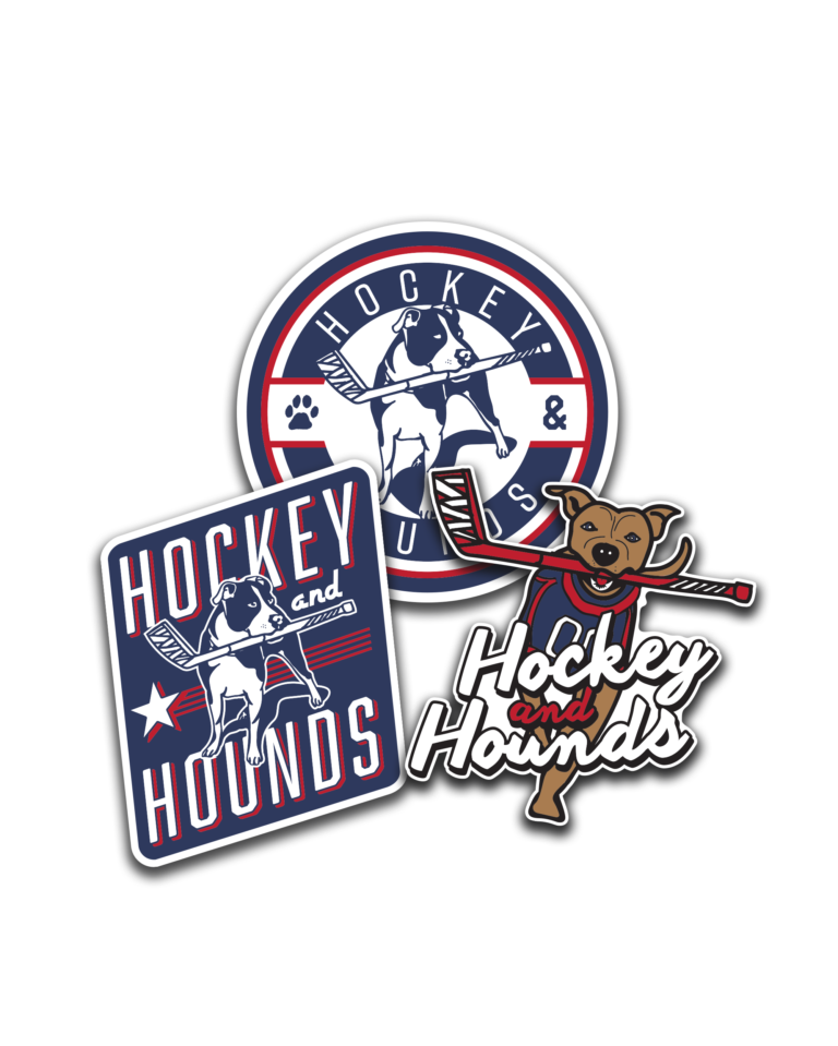 Hockey & Hounds Stickers and Hoodies Available!